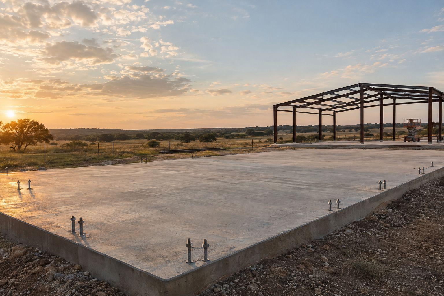 Finished concrete slab with anchor bolts and a steel building frame going up
